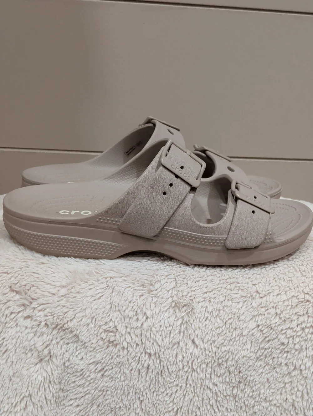 CROCS Women’s Dual-Buckle Slide Sandal in Taupe